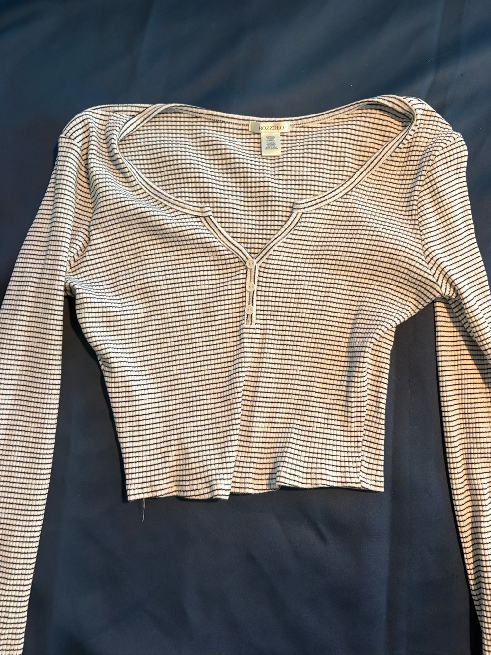 Bozzolo Black & White Striped Ribbed Henley Long Sleeve Crop Top